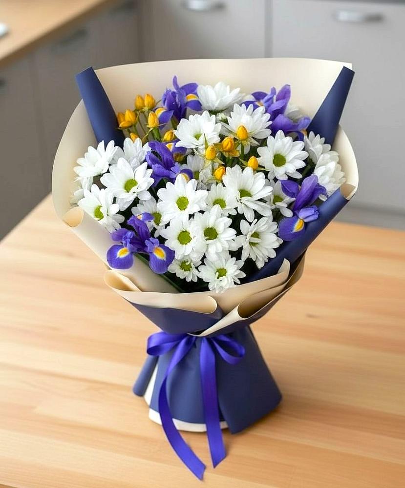 Букет цветов из: Розы, Ирисы и Хризантемы в Холодном